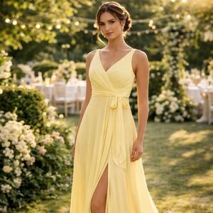 JJ’s House Soft Yellow Chiffon Formal Gown Empire Waist Tie Back Slit Maxi Dress